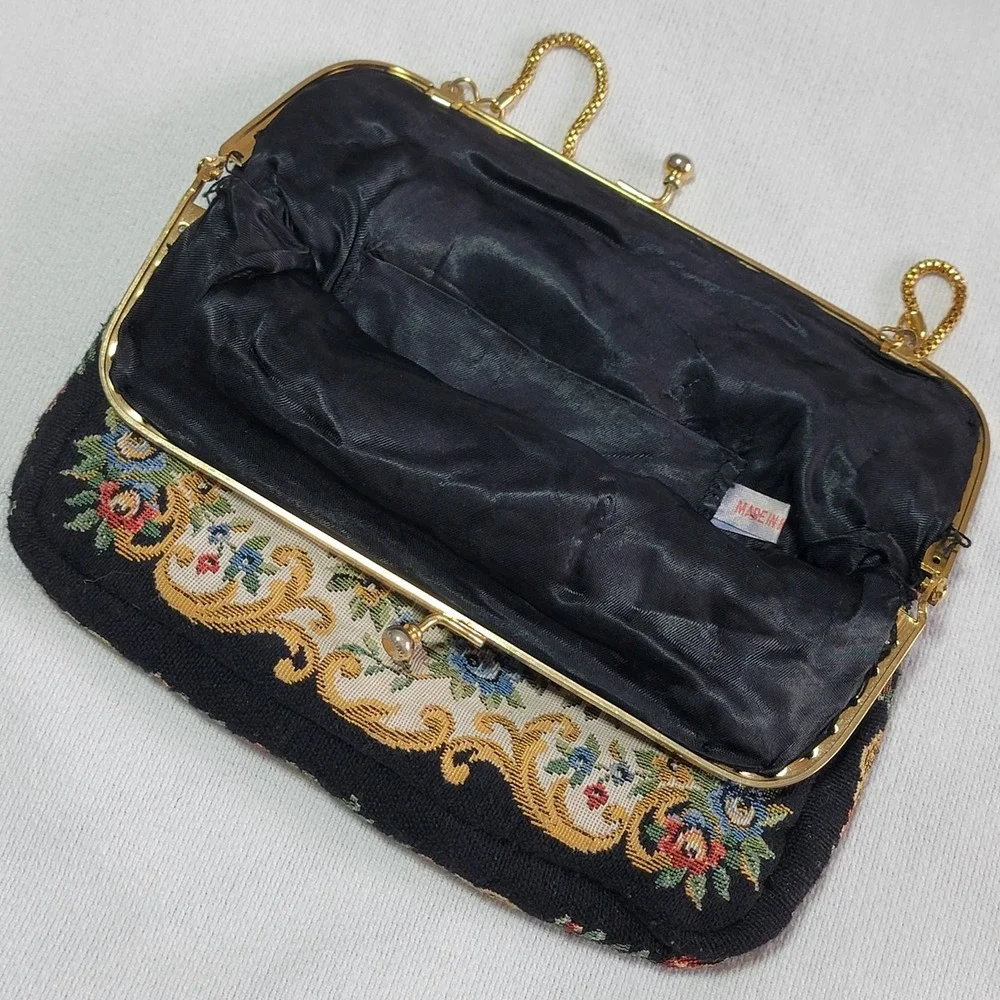 Vintage 1950's Floral Tapestry Purse Clutch Bag with Gold Clasp & Chain